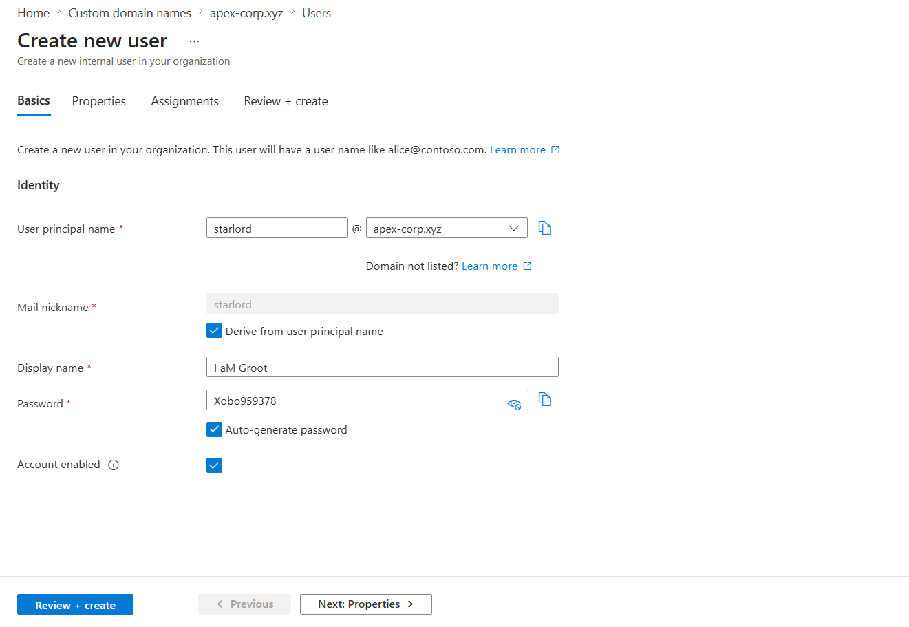 Entra ID new user creation page showing Star Lord user being created with apex-corp.xyz UPN